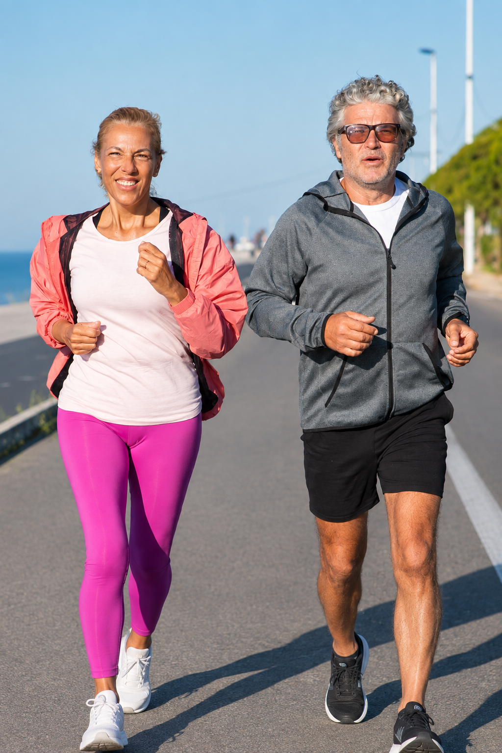 Two adults jogging together outdoors