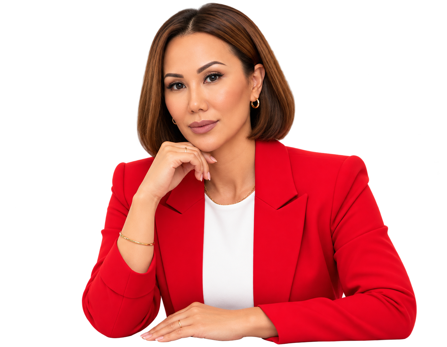 Coach Sarah wearing a red blazer