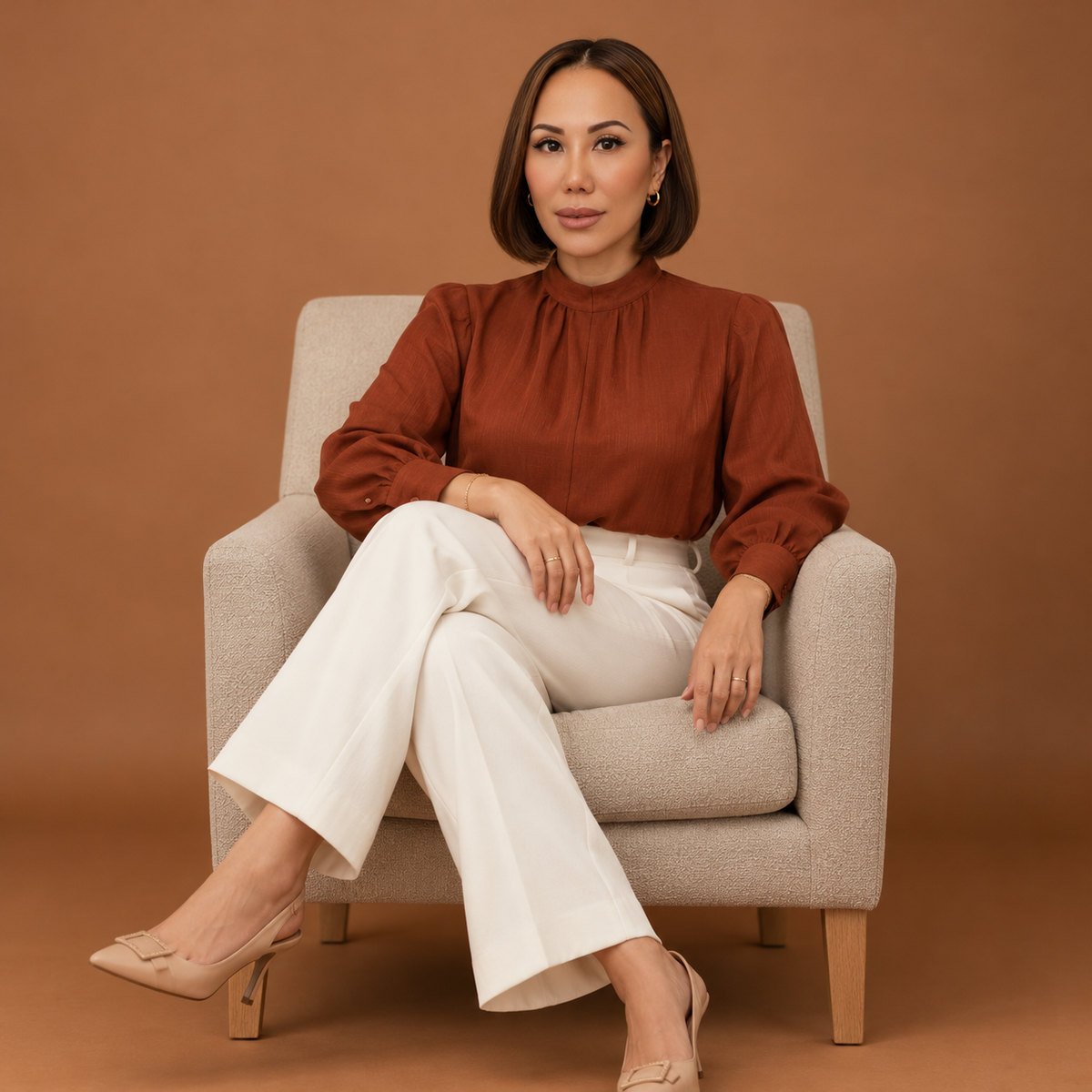 Coach Sarah seated in a professional editorial portrait